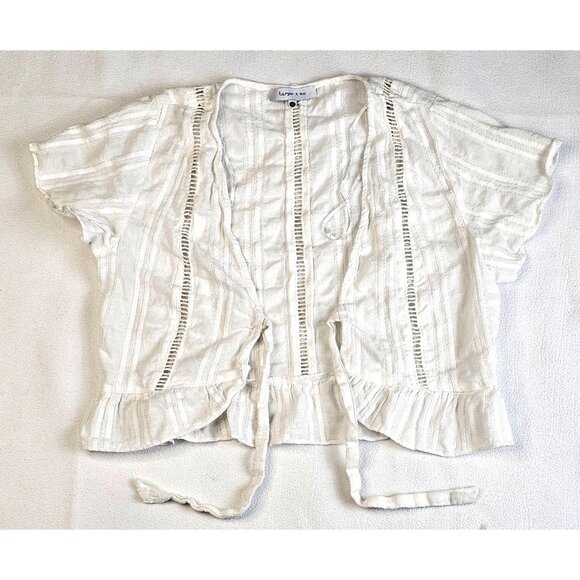 Harper & Me Womens Open Front Wrap Top White Striped Ruffle Hem - Picture 1 of 8